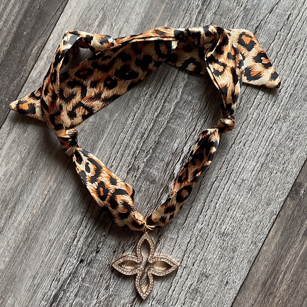 Leopard Print Scarf Necklace with Gold Flower Pendant
